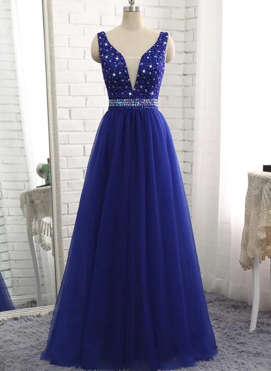 Gorgeous Royal Blue Beaded V Neckline Long Party Dress, Blue Junior Prom Dress Pleated Skirt Elegant