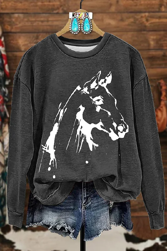 Western Horse Print Sweatshirt Oversized Hoodie Comfort Casual