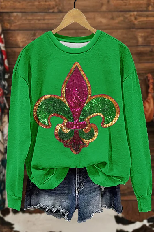 Shiny Mardi Gras Print Sweatshirt Hoodie with Sequins Glamorous Eye-catching