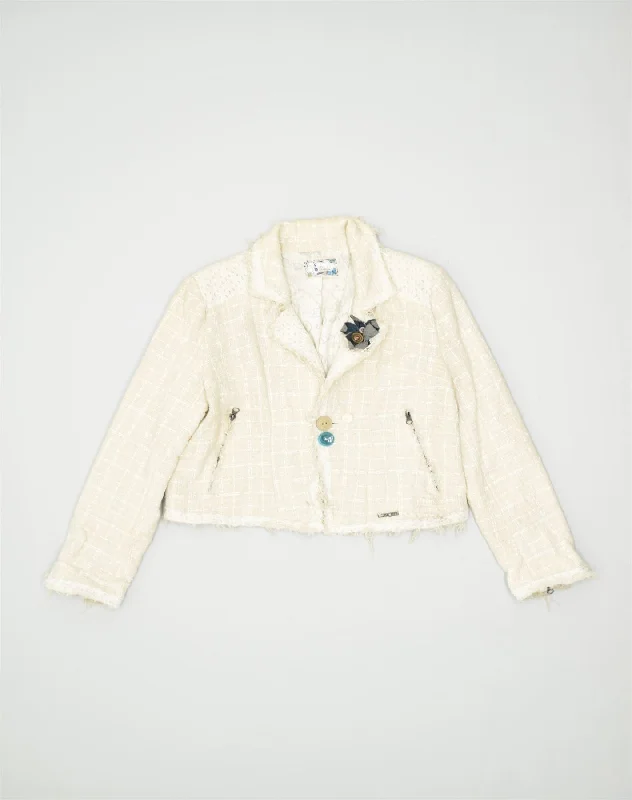 DESIGUAL Womens 2 Button Blazer Jacket IT 46 Large Off White Cotton Zippered Front Buttoned Front Snap Front