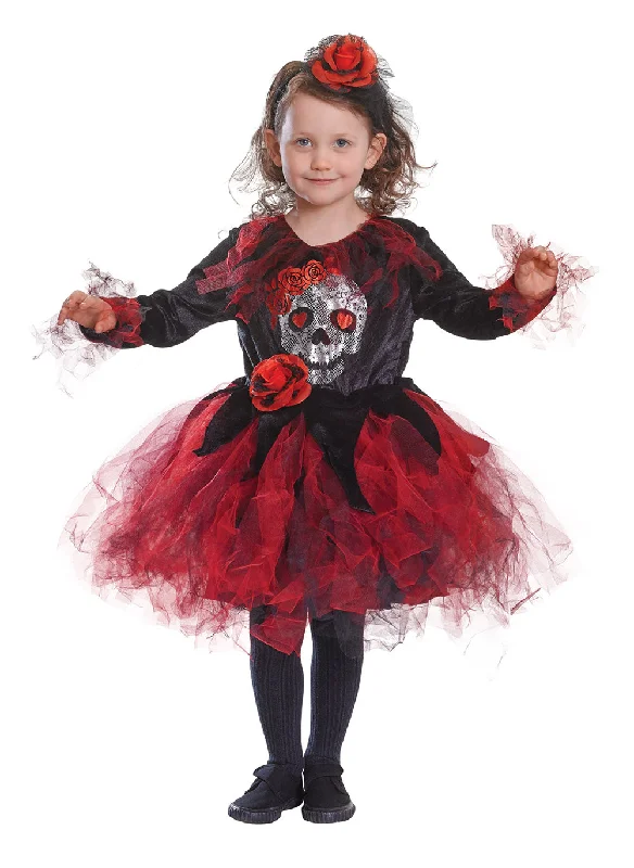 Girls Skull Tutu Halloween Skeleton Rose Fancy Dress Costume Crew Neckline Casual