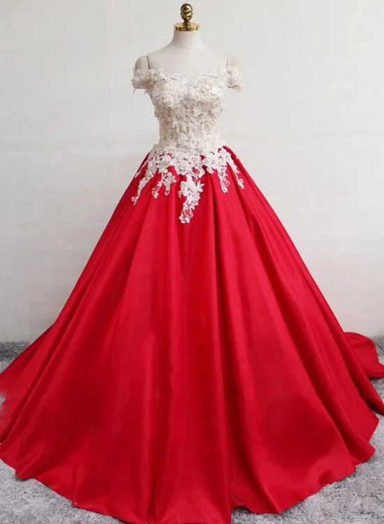 Beautiful Red Stain Off Shoulder Floor Length Party Dress with Applique, Party Dress Tunics Ceremony elegant