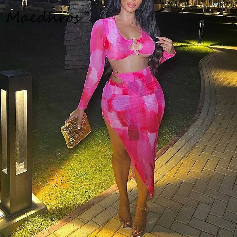 Print Long Sleeve Hollow Out Sexy Crop Asymmetrical Maxi Skirt Elegant 2 Piece Sets Summer Women Slim Party Festival Y2K Outfit zip skirt side