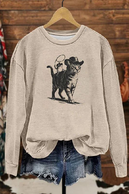 Retro Cowboy Cat Sweatshirt Hoodie with Contrast Stitching Detailed Premium