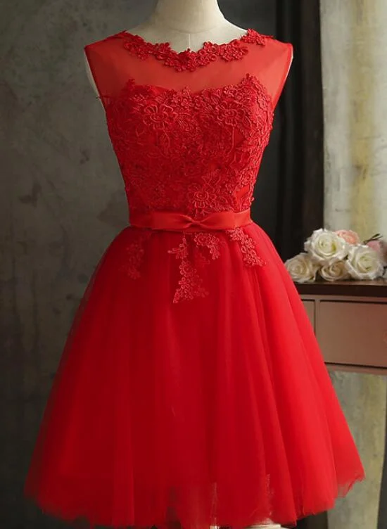 Red Tulle Short Lovely Knee Length Party Dresses, Red Formal Dresses, Short Party Dresses Tunics Distressed trendy