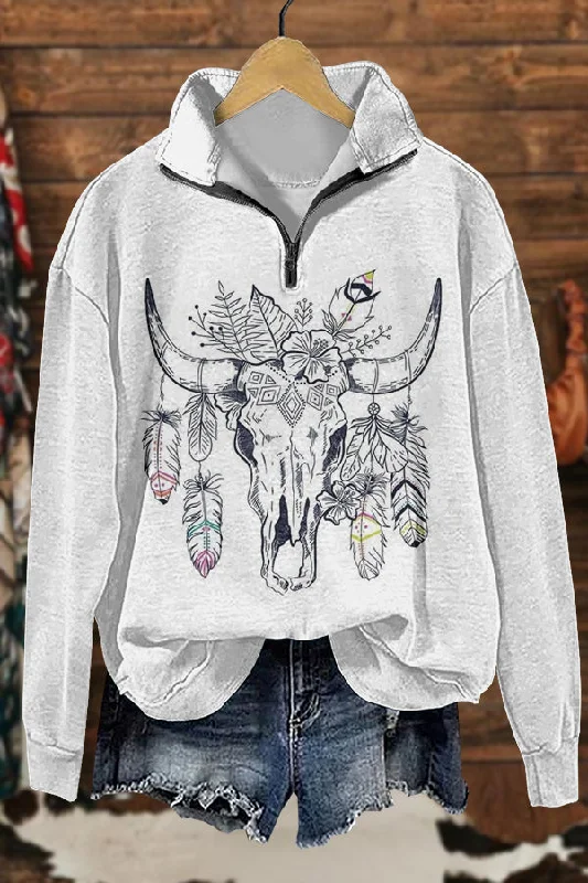Retro Western Cowboy Longhorn Print Sweatshirt Hoodie with Hem Contrast Bold Stylish