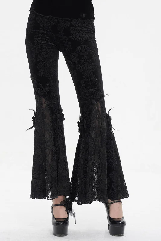 Black Printed Lace Embroidered Women's Gothic Flared Pants Wide-Legged Palazzos