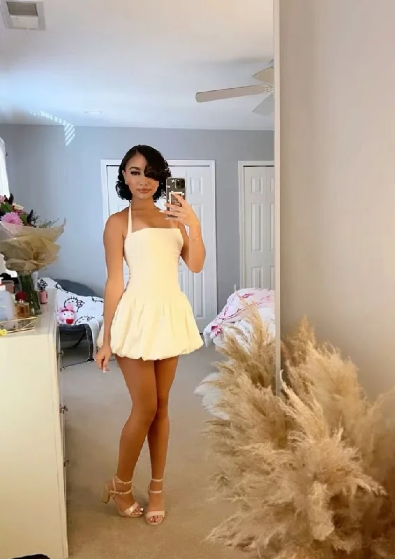 White Halter A-Line Lovely Short Party Dress Homecoming Dress, DP3647 Turtleneck Warm Winter
