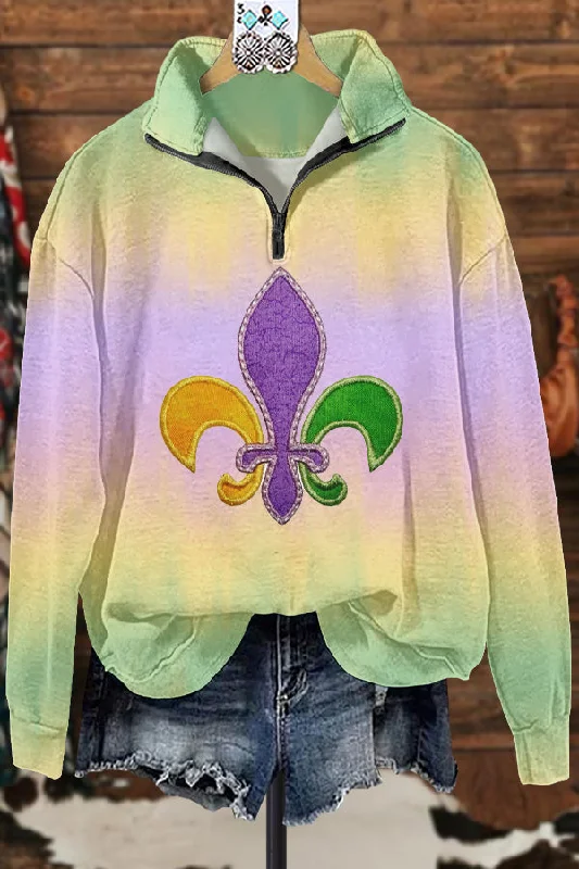 Classic Contrast Mardi Gras Sweatshirt Hoodie with Full-Zip Functional Layering