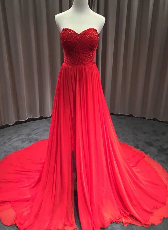 High Quality Handmade Red Chiffon Long Prom Dresses, Slit Party Dresses, Floor Length Evening Dress Tunics Hiking breathable