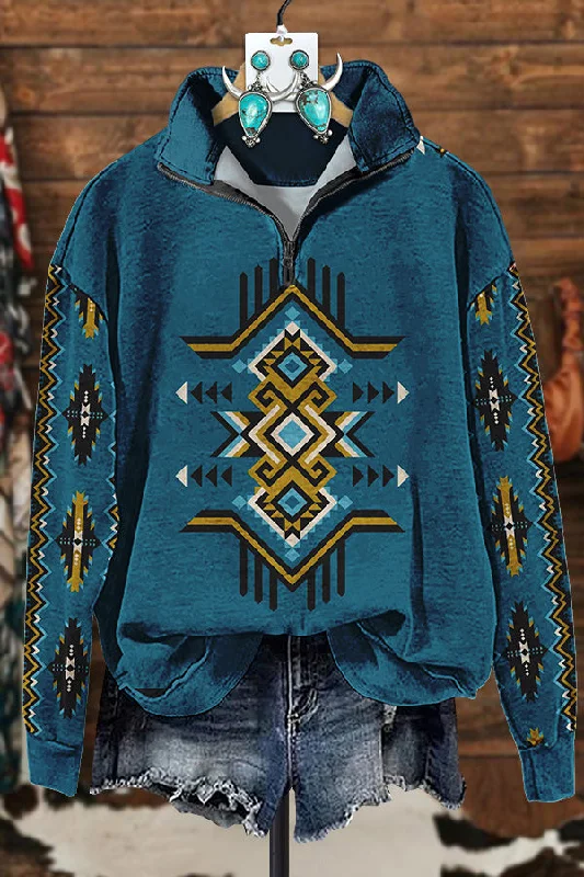 Retro Western Aztec Printed Zipper Sweatshirt Graphic Hoodie Design Print