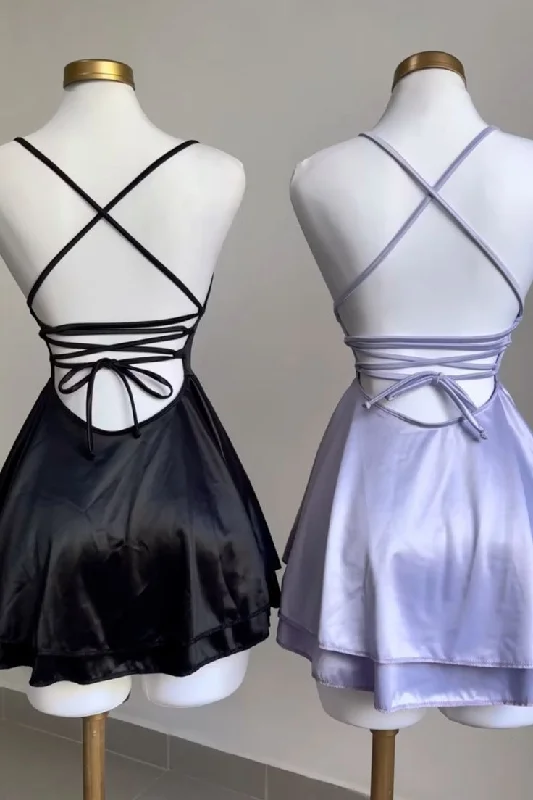 Black A-Line Satin Short Party Dress Simple Homecoming Dress, DP2969 Tunics Party sparkling