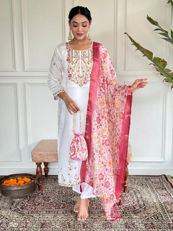 Women Round Neck Kalamkari Printed Work Chanderi Viscose Fabric Kurta & Pant With Dupatta Set - Taantav Relaxed Linen Pants