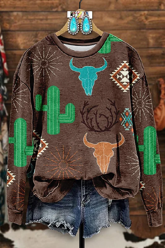 Retro Western Bull Head Cactus Print Sweatshirt Hoodie with Longline Fit Extended Stylish