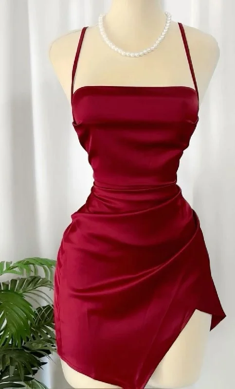 Wine Red Straps Sheath Satin Short Party Dress Homecoming Dress, DP4105 Tunics Stylish elegant
