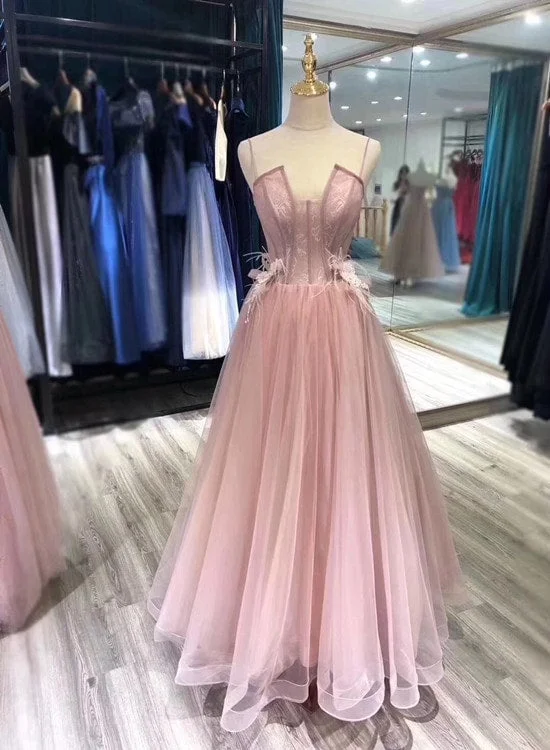 Charming Tulle Straps Long Formal Gown, Pink Elegant Party Dress Tunics Trendy modern