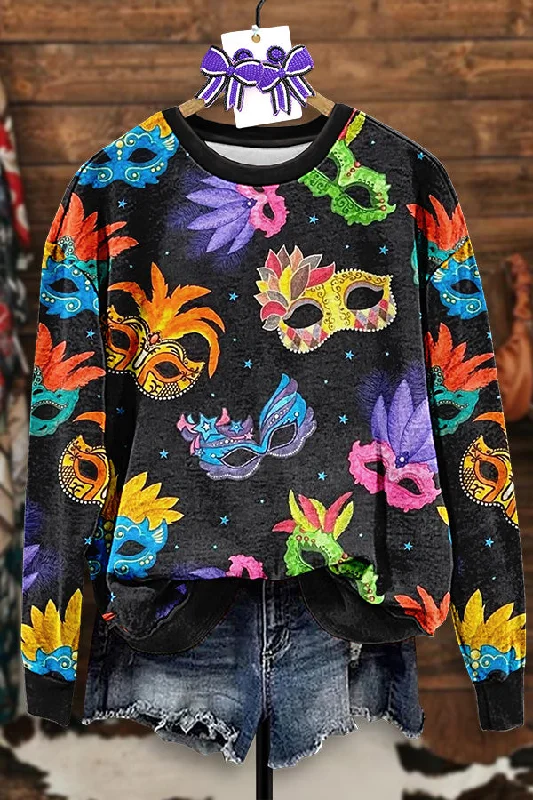 Vintage Mardi Gras Print Sweatshirt Hoodie with High Neck Warm Protective