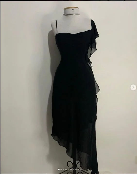 Black Straps Formal Midi Party Dress Cocktail Dress with Ruffles, DP3066 Tunics Print Colorful