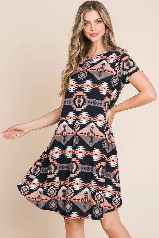 Aztec Print Comfy Dress in Black Tunics Long Elegant