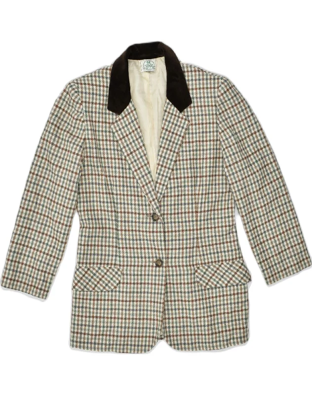 VINTAGE Womens 2 Button Blazer Jacket UK 14 Medium Beige Houndstooth Fleece Jacket Down Jacket Feather Jacket