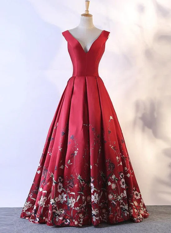 Red V-neckline Floor Length Floral Lace-up Party Dress, Red Party Dress Tunics Evening elegant