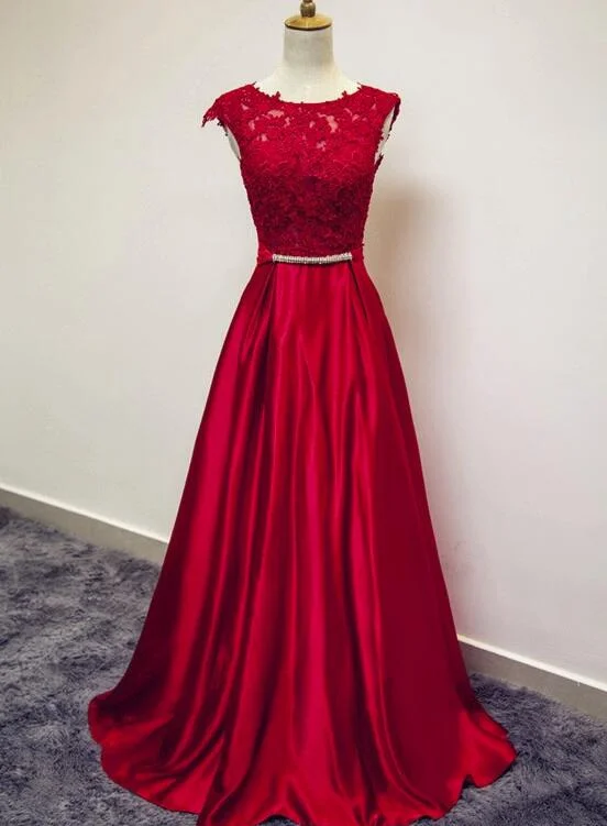Beautiful Red Satin Lace Applique Long Party Dress, Long Formal Dresses, Red Prom Dresses Crew Neckline Casual