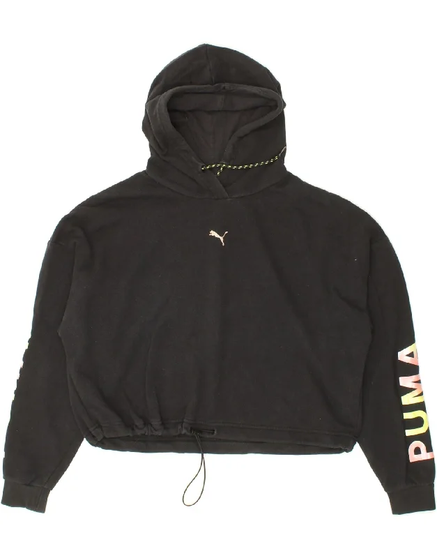 PUMA Womens Crop Graphic Hoodie Jumper UK 14 Medium Black Cotton Hoodie with High-Low Hem Asymmetrical Trendy