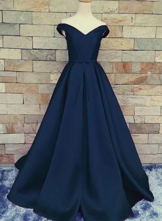 Navy Blue Off Shoulder Prom Dress , Prom Dresses , Satin Party Dress Tunics Corduroy durable