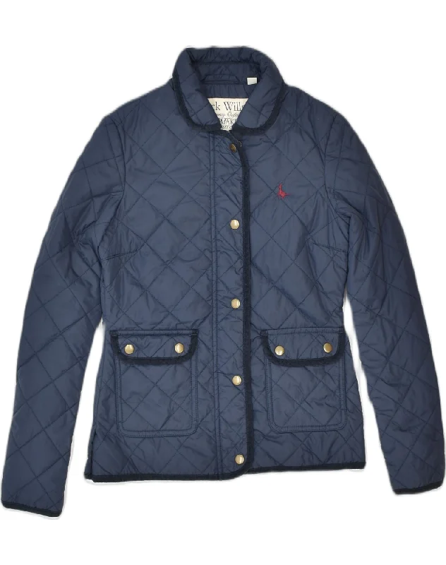 JACK WILLS Womens University Outfitters Quilted Jacket UK 8 Small Blue Boat Neck Shawl Collar Notched Collar