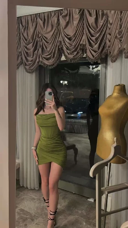 Green Strapless Sheath Mini Party Dress Homecoming Dress, DP3069 Tunics Long Elegant
