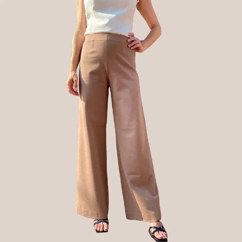 High Waist Wide Leg Stretch Pant - Tan Stretch Fit Pants