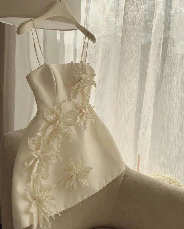 White Straps 3D Flower Short Party Dress Homecoming Dress, DP3083 Turtleneck Warm Winter