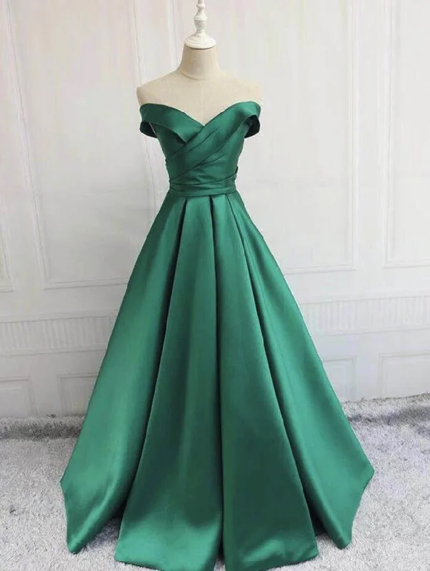 Beautiful Satin Green Off Shoulder Long Formal Dress, Beautiful Party Dresses High-Low Hemline Casual