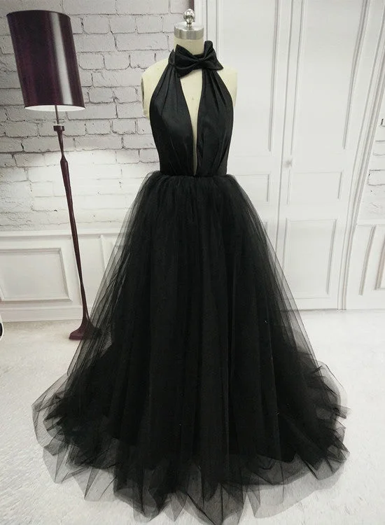 Black Tulle Stylish Long Prom Gown, Beautiful Backless Sexy Evening Party Dress Glittery Long Formal