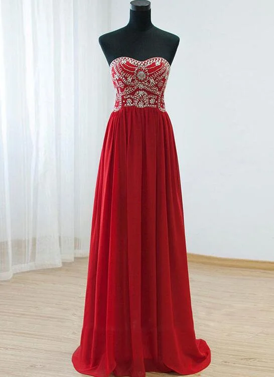 Beautiful Red Beaded Sweetheart Floor Length Prom Dress , Chiffon Long Party Dress Square Neckline Feminine