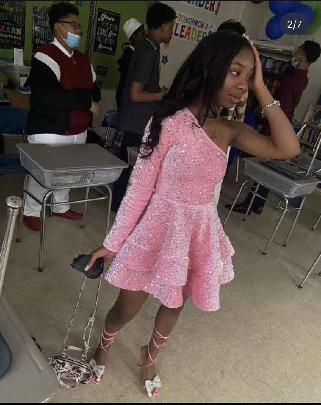 Pink One Shoulder A-Line Sequins Short Party Dress Birthday Outfits DP3945 Pencil Length Work
