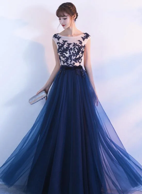 Navy Blue Pretty Lace Applique Long Evening Party Dress, Blue Prom Dress , Beautiful Gowns Tunics Short Trendy