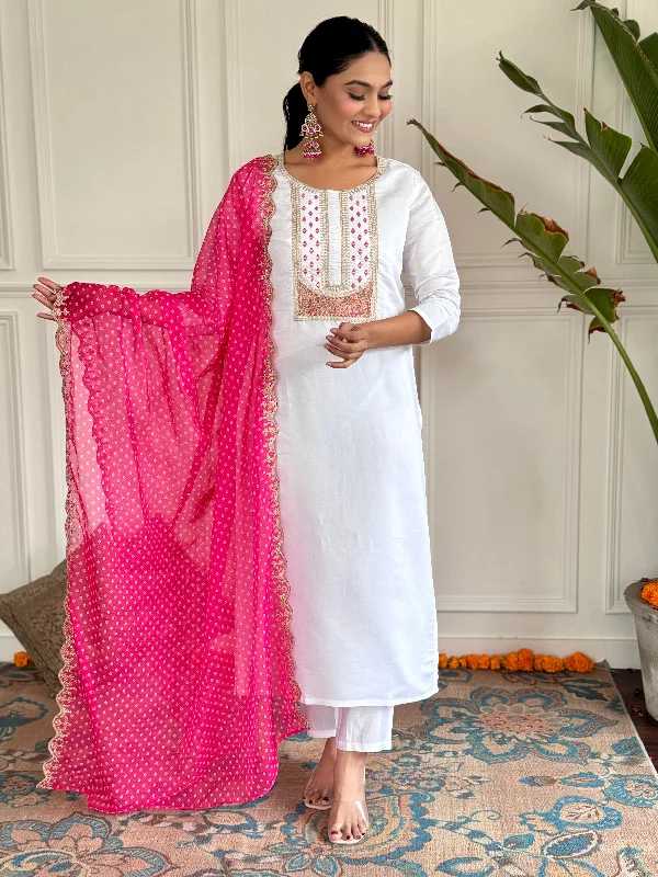Women Round Neck Embroidered Work Viscose Rayon Fabric Kurta & Pant With Dupatta Set - Taantav Comfortable Maternity Pants