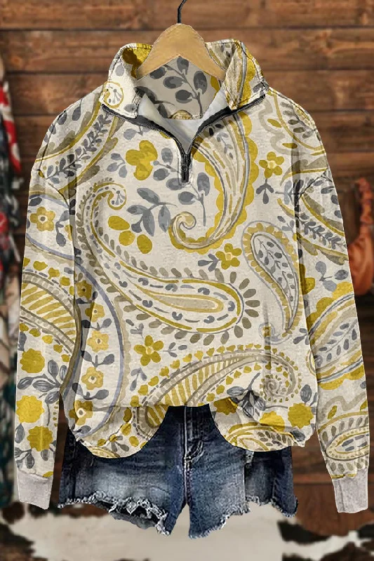 Cute Floral Print Sweatshirt Hoodie with Mock Neck Collared Structured