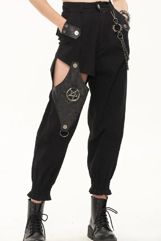 Black Punk Cutout Leather Splicing Detachable Metal Chain Women's Long Pants Classic Stretch Pants
