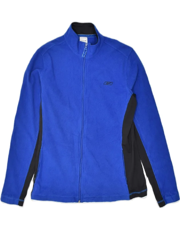 REEBOK Womens Fleece Jacket UK 14 Medium Blue Colourblock Polyester Chenille Fabric Brocade Fabric Lace Fabric