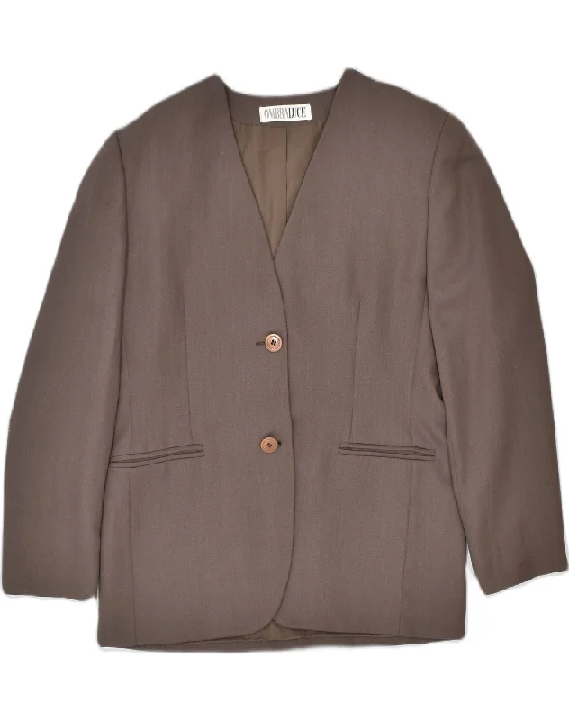VINTAGE Womens 2 Button Blazer Jacket UK 18 XL Brown Viscose Zippered Front Buttoned Front Snap Front