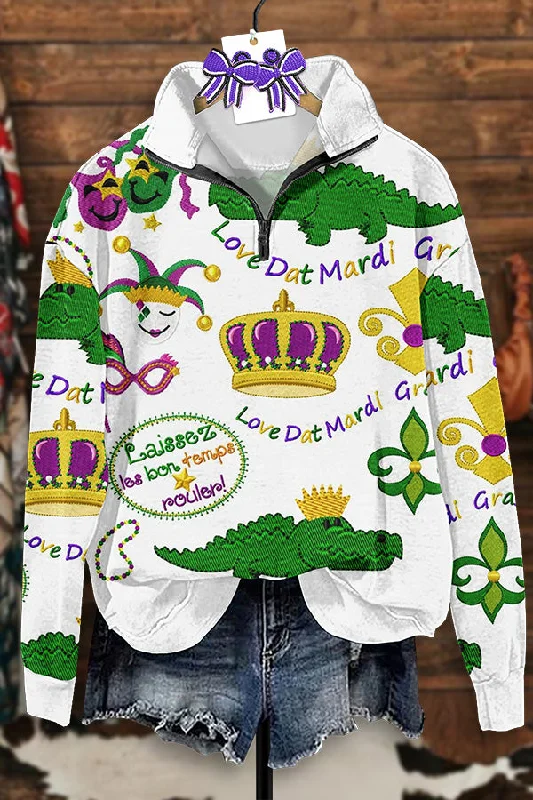 Vintage Mardi Gras Print Zip-Up Sweatshirt Hoodie with Raw Hem Edgy Unfinished