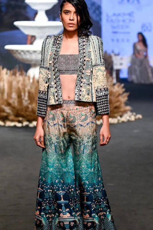 OMBRÉ MOR FUAARA SHARARA AND CROP TOP TEAMED WITH A EMBROIDERED NOOR JACKET Satin Jacket Silk Jacket Chiffon Jacket