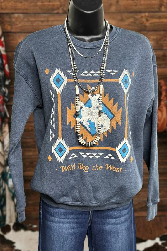 Vintage Aztec Bucking Horse Sweatshirt Hoodie with Mock Neck Collared Structured