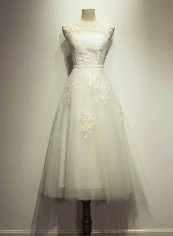 Vintage Handmade White Tea Length Formal Dress, Tulle Party Dress with Applique, Prom Dress Tunics Leisure comfortable