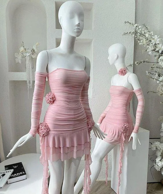 Pink Strapless Sheath Mini Party Dress Cocktail Dress, DP3051 Tunics Mesh breathable