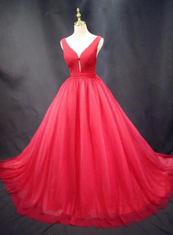 Beautiful Red Tulle Backless Long Sexy Lace-up Party Dress, Gorgeous Red Formal Gown Tunics Luxurious high-end