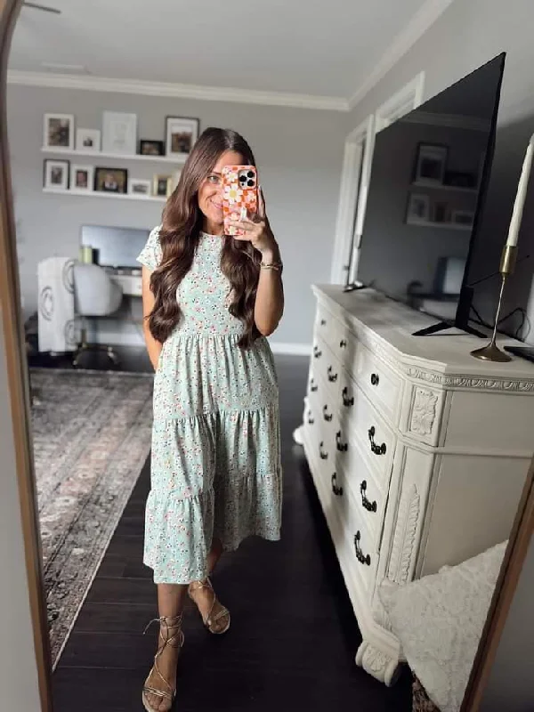 Size Small Ladies Sage Floral Tiered Comfy Dress with Short Sleeves Floral Print girly