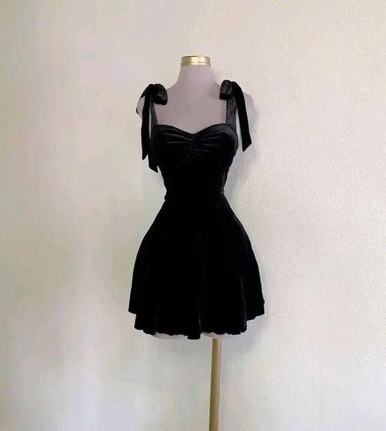 Black Straps A-Line Velvet Short Party Dress Homecoming Dress, DP3034 Tunics Distressed trendy